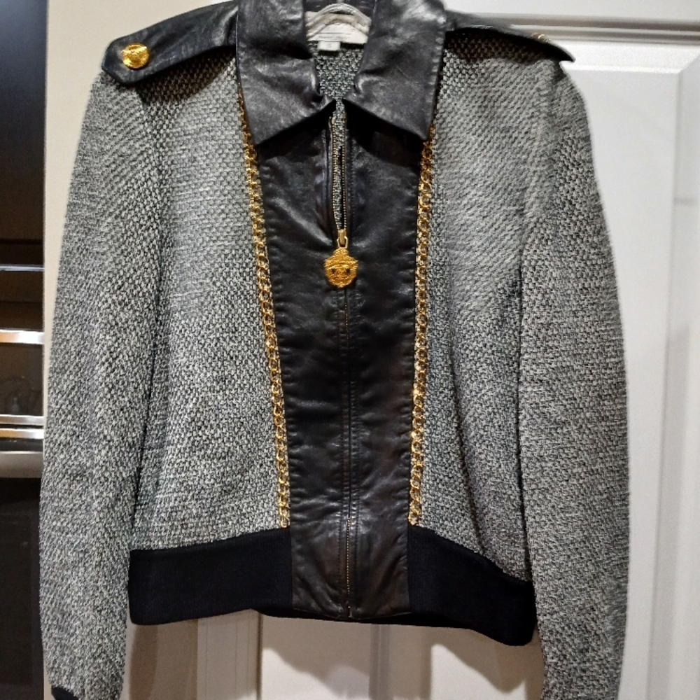 St John  Black/Gray Leather Knit Bomber Jacket with Gold Accents